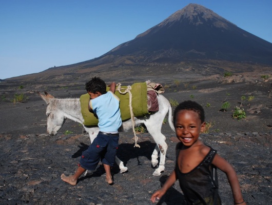 Enfants jouent avec un âne, île de Fogo, au Cap Vert